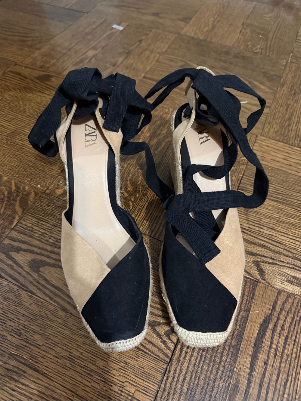 Zara Black and Tan Two-Tone Espadrille Wedges with Ankle Ties